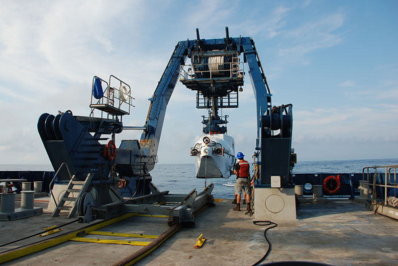 Human-occupied vehicle Alvin is recovered onboard after completing its final dive of the 2018 DEEP SEARCH expedition. Credit: DEEP SEARCH 2018 - BOEM, USGS, NOAA.