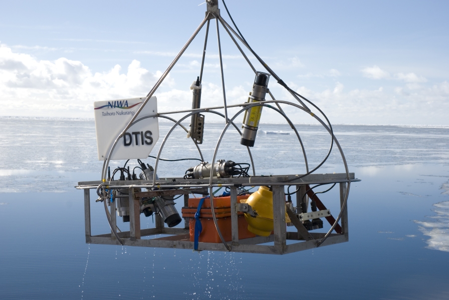 The Deep Towed Imaging System (DTIS) being deployed from the RV Tangaroa in the Ross Sea, Antarctica. DTIS is owned and operated by the National Institute of Water and Atmospheric Research (NIWA) in New Zealand. Credit: Dave Bowden, NIWA